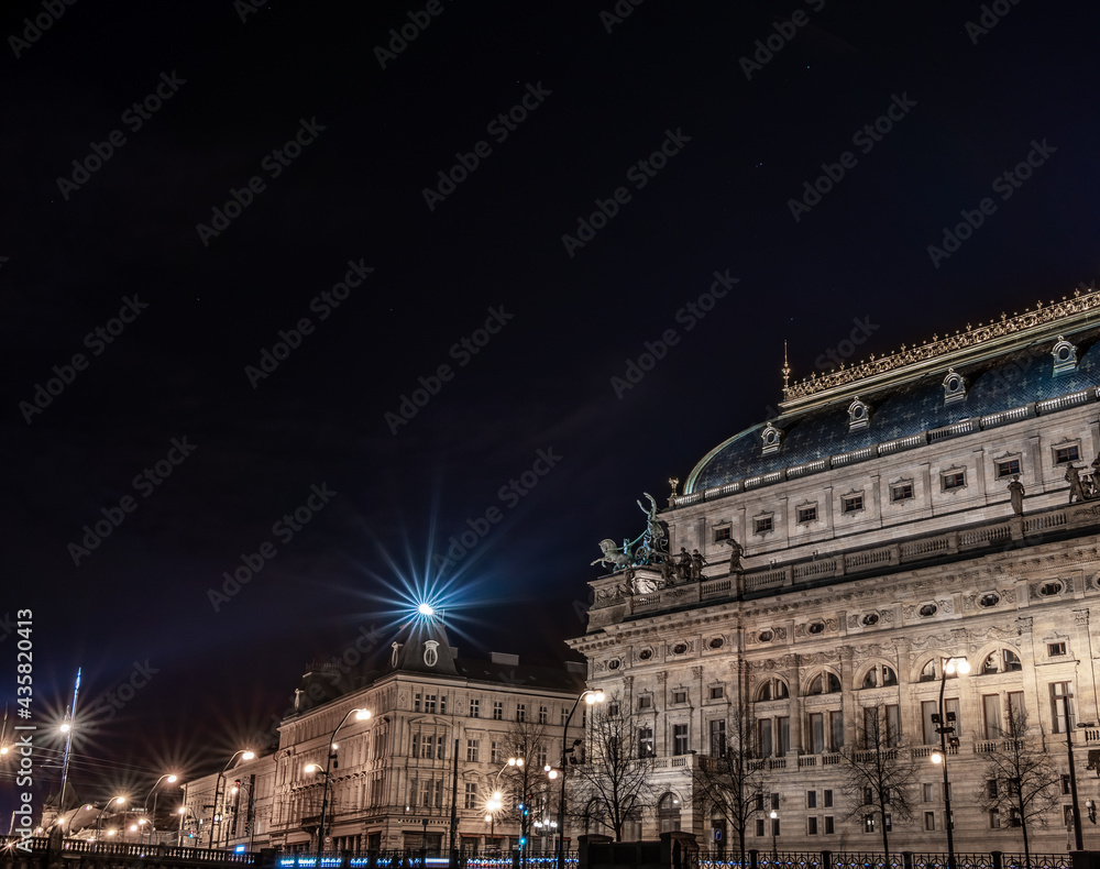 The historic building of the National Theatre in Prague (Národní divadlo) shot at night - long exposure
