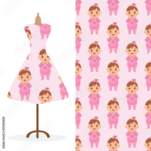 Womens long dress mock up with bright seamless hand drawn pattern for textile, paper print. 