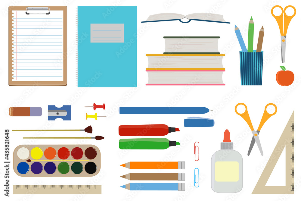Set with school supplies. Back to school icons. Stationery, flat illustration. School objects in cartoon style. School symbols, vector design elements - copybook, books, pens, paints, colorful drawing Set with school supplies. Back to school icons. Stationery, flat illustration. School objects in cartoon style. School symbols, vector design elements - copybook, books, pens, paints, colorful drawing