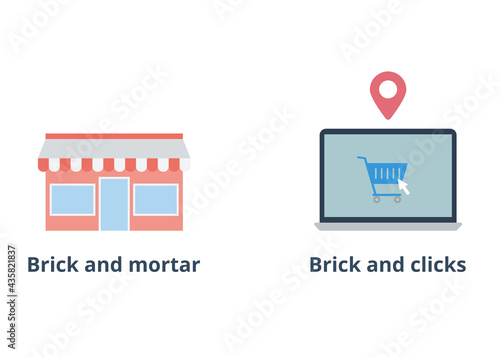 Brick and mortar (physical store), brick and clicks (omnichannel retail) vector. Marketing and business concept.