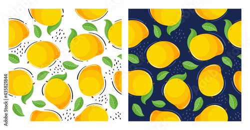 Vector set of seamless patterns. Pattern of mango, leaves and dots. White and dark blue background.