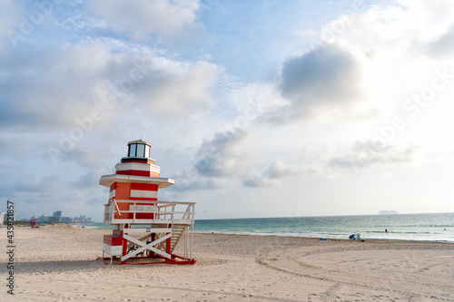 Lifeguard tower at Miami beach in Florida, USA. Red and white lighthouse design lifeguard tower © be free