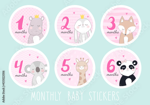 Set of stickers for a newborn girl from 1 to 6 months. Stickers with pictures of cute animals: hippo, bunny, fox, koala, giraffe, panda. Set in pink.