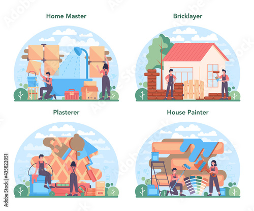 Home master concept set. Repairman applying finishing materials.