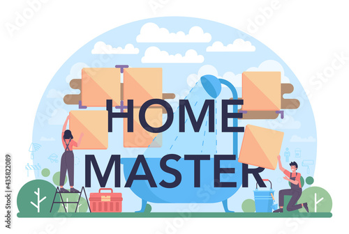 Home master typographic header. Repairman applying finishing materials