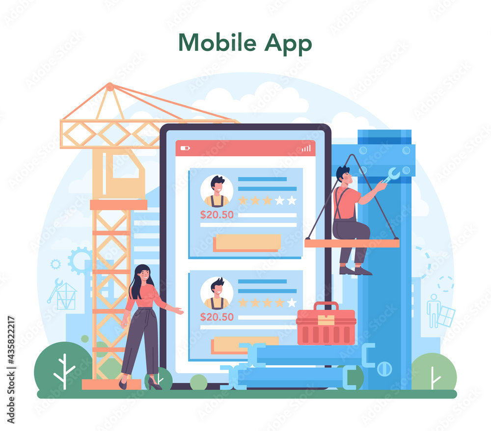 Installer online service or platform. Worker in uniform installing Installer online service or platform. Worker in uniform installing