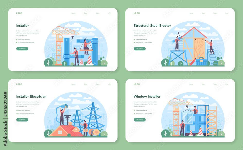 Installer web banner or landing page set. Worker in uniform installing Installer web banner or landing page set. Worker in uniform installing