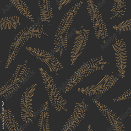 Tropical fern leaves gold outline drawing seamless pattern. Black background. Jungle foliage line art texture. Stock vector illustration.