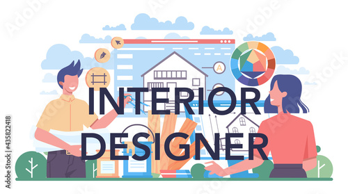 Interior designer typographic header. Decorator planning the design