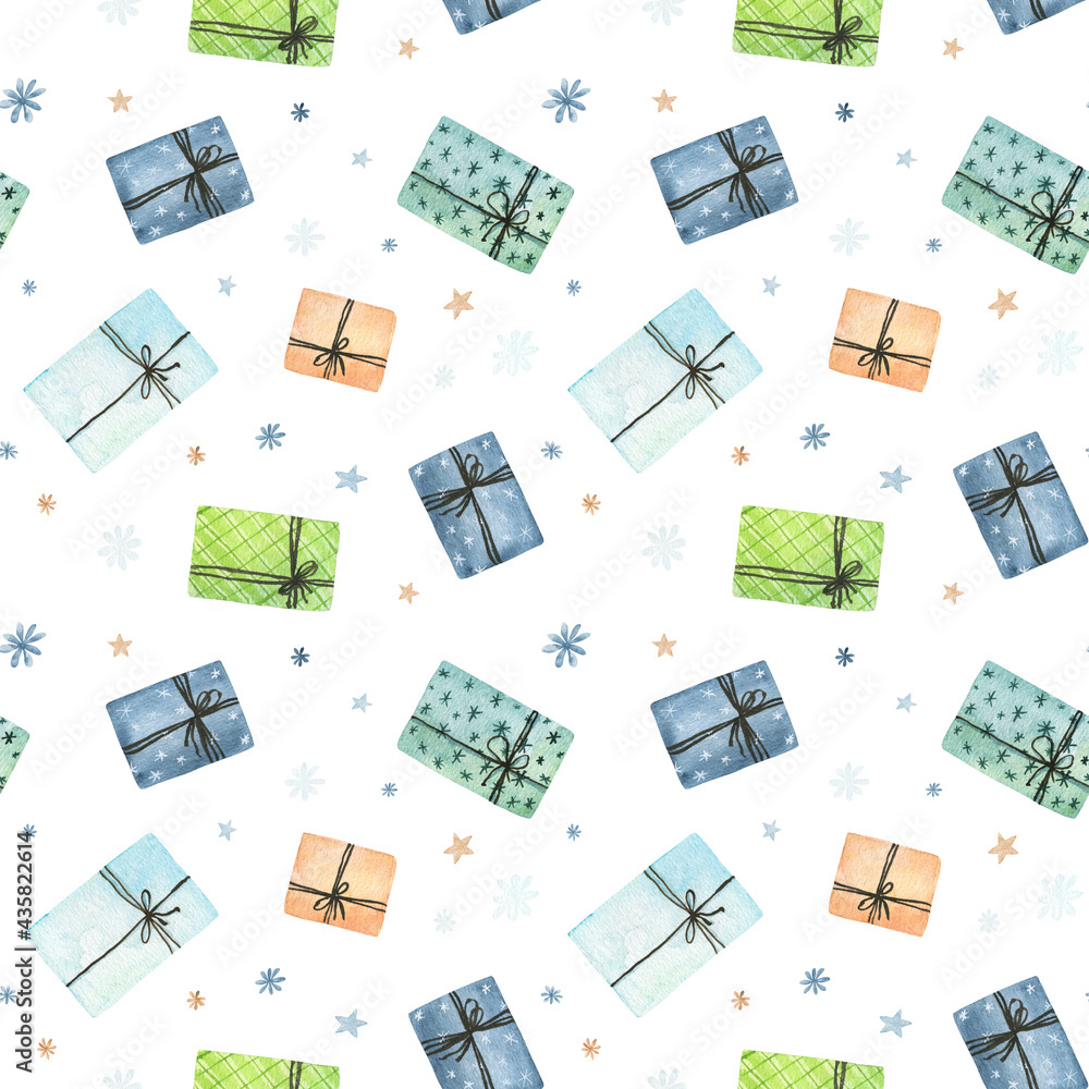 Watercolor christmas seamless pattern with present boxes isolated on white background. Can be used for wrapping paper, textile, wallpaper, cards.