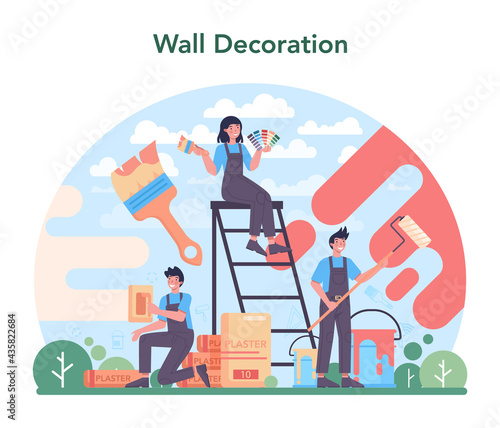Painter concept. People in the uniform paint the wall with paint roller