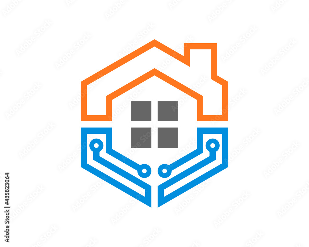 House and circuit tech with hexagon shape logo House and circuit tech with hexagon shape logo