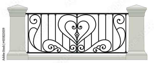 Iron railings. Luxuty forging design. Blacksmithing. Metal work. Balcony. Handrails. Elements of architecture. Wrought iron fence. Isolated. White background. Template for project. Vector.	
