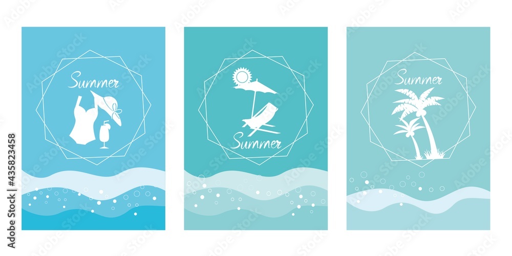 Set of Summer Vacation concept vector template. Summer beach, Sea, Marin, Coconut tree, swim wear. Blue ocean and Waves, Card, invitation, frame, template. Vector illustration. Set of Summer Vacation concept vector template. Summer beach, Sea, Marin, Coconut tree, swim wear. Blue ocean and Waves, Card, invitation, frame, template. Vector illustration.