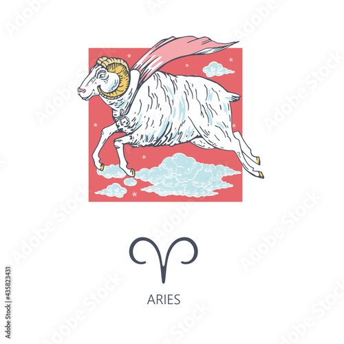 odiac constellation Aries. A ram in a superhero cloak flies among the clouds.