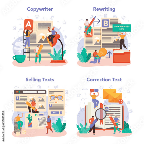 Copywriter concept set. Writing and designing texts for business promotion