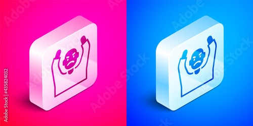 Isometric Thief surrendering hands up icon isolated on pink and blue background. Man surrendering with both hands raised in air. Silver square button. Vector