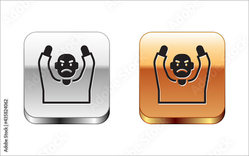 Black Thief surrendering hands up icon isolated on white background. Man surrendering with both hands raised in air. Silver and gold square buttons. Vector