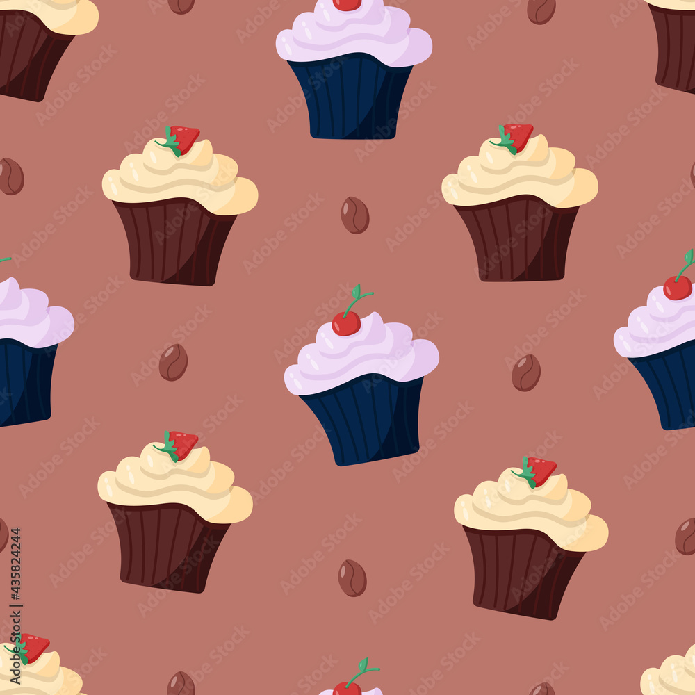 Seamless pattern with chocolate cupcakes with cream and berries. Vector illustration of a sweet dessert. Seamless pattern with chocolate cupcakes with cream and berries. Vector illustration of a sweet dessert.