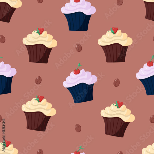 Seamless pattern with chocolate cupcakes with cream and berries. Vector illustration of a sweet dessert.