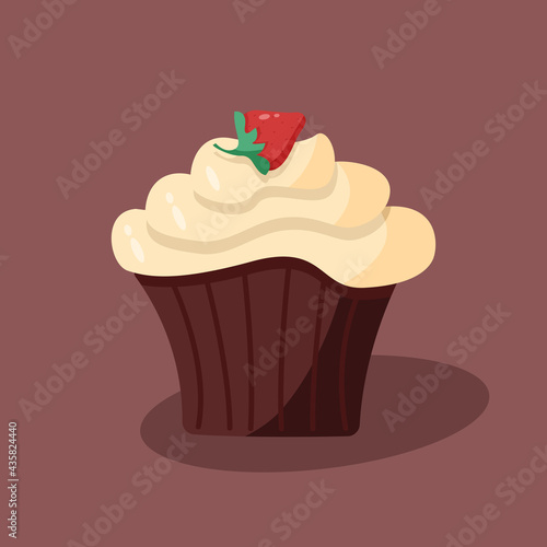 Vector illustration of a sweet dessert cupcake with cream and strawberries.