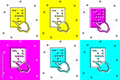 Set Braille icon isolated on color background. Finger drives on points. Writing signs system for blind or visually impaired people. Vector