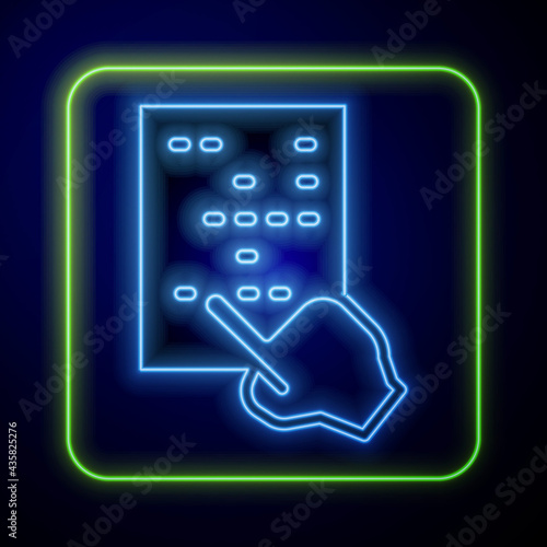 Glowing neon Braille icon isolated on blue background. Finger drives on points. Writing signs system for blind or visually impaired people. Vector