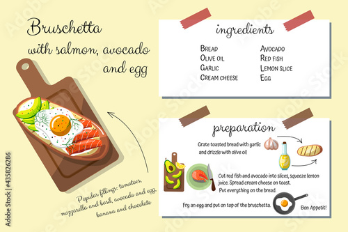 Bruschetta with salmon, cream cheese, avocado, egg. Cookbook, menu. Step by step instructions, recipe. Home cooking