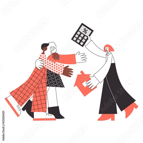 African american man and white woman buy a property with mortgage loan, realtor shows a rate calculation. Own real estate for family concept vector flat isolated illustration.