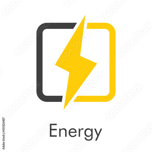 Logotipo con texto Energy con relampago en cuadrado con lineas en color gris y amarillo