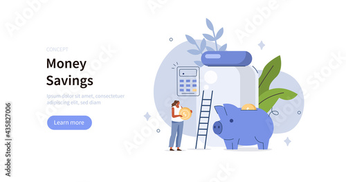 People character calculating, collecting and putting coins in donation jar and piggy bank. Financial management, money  savings and tax accounting concept. Flat cartoon vector illustration.