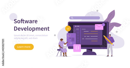 People characters developing new software. Developers team programming and writing program code together. Development process concept. Flat cartoon vector illustration.