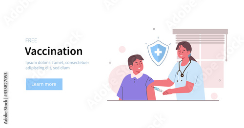 Doctor holding syringe and making vaccine injection to patient.  Prevention against virus and infection. Immunization campaign concept. Flat cartoon vector illustration.
