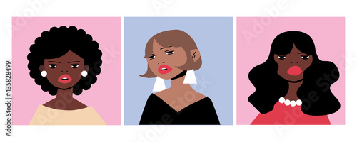 Stylish modern poster black woman. Hand-drawn portrait for social networks, avatar, banner, postcards. Colorful modern illustration. Cartoon sketch style. Feminine design. All elements are isolated.