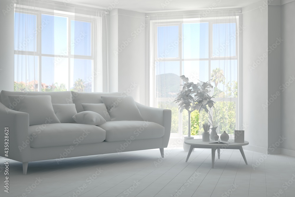 Fototapeta premium Mock up of stylish room in white color with sofa and green landscape in window. Scandinavian interior design. 3D illustration