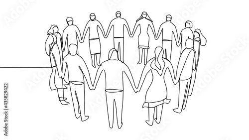 Continuous line drawing group of people sitting, standing, meeting and support