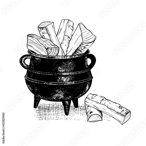 .Old cast iron cauldron with firewood and separate logs. Vector vintage illustration. Hand-drawn sketch.