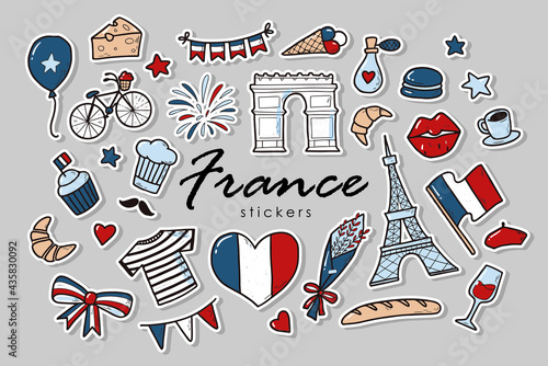 set of of France stickers. French doodles isolated on grey background. Good for prints, icons, logos, posters, cards, etc. Bastille day theme. 