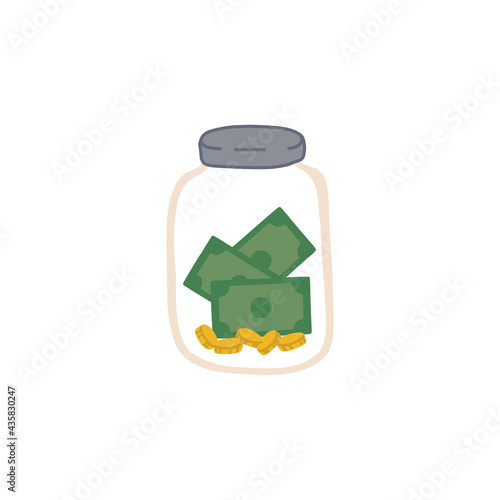 Glass jar with gold monts and green banknotes. Saving pocket money. Vector isolated fully editable illustration on white background.