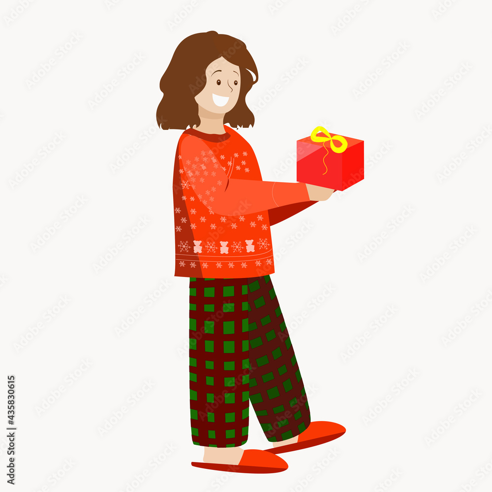 A girl in slippers and pajamas receives a gift. A girl in slippers and pajamas receives a gift.