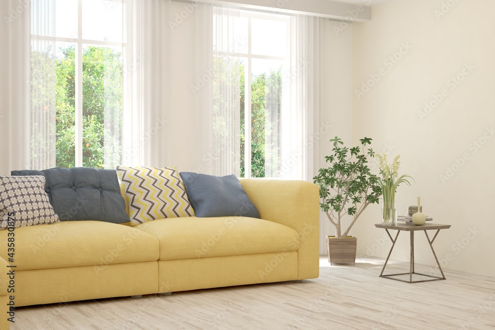 White living room with sofa and summer landscape in window. Scandinavian interior design. 3D illustration White living room with sofa and summer landscape in window. Scandinavian interior design. 3D illustration