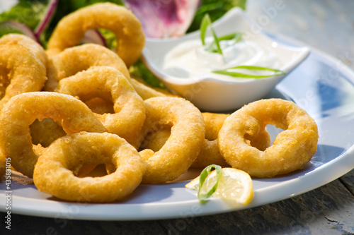 Breaded squid rings with garlic dip closeup