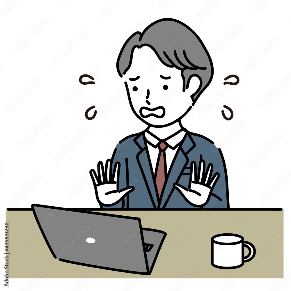 ノートパソコンで仕事中に慌てる成人男性イラスト素材 ノートパソコンで仕事中に慌てる成人男性イラスト素材