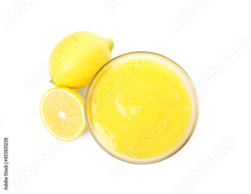 Delicious lemon curd and fresh fruits on white background, top view
