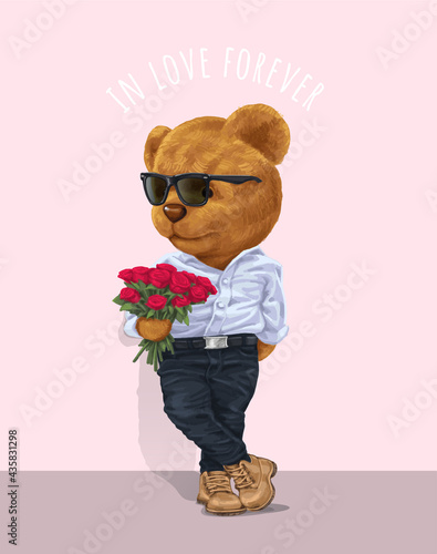 love slogan with cute bear toy holding roses,vector illustration for t-shirt.