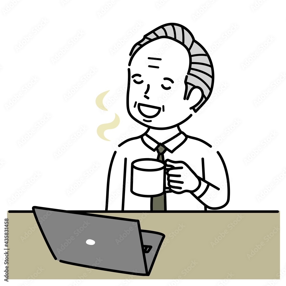 ノートパソコンで仕事中にリラックスするシニア男性イラスト素材