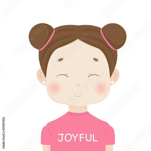 Vector illustration of joyful girl. Cute cartoon young woman with two buns and happy cheery face.