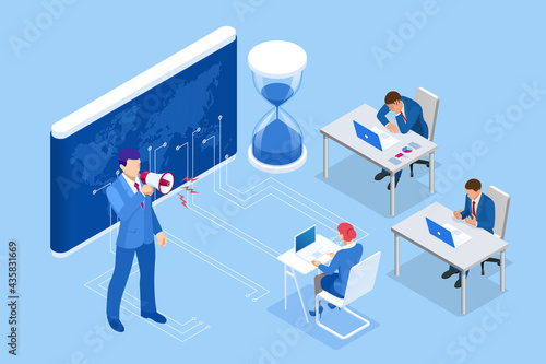 Isometric Project deadline. Time management on the road to success. Deadline Concept of overworked man Time to work Time management project plan schedule.