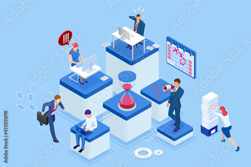 Isometric Project deadline. Time management on the road to success. Deadline Concept of overworked man Time to work Time management project plan schedule.