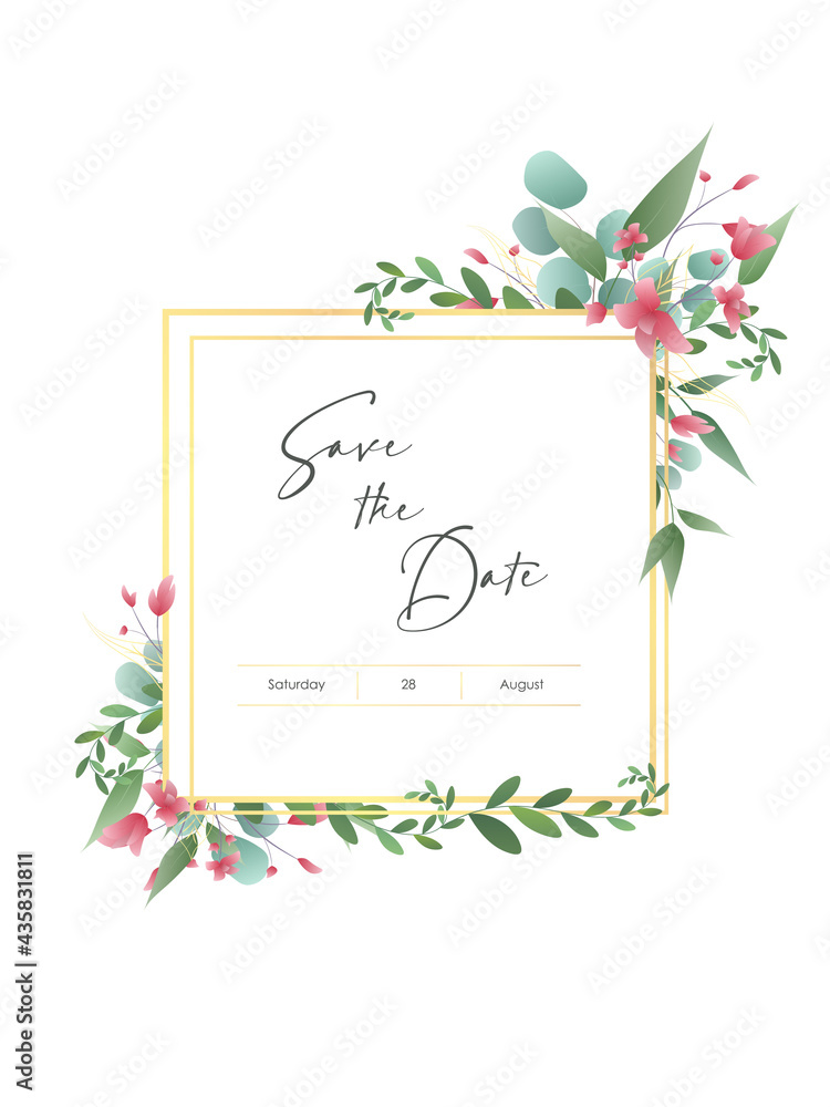 Greenery, succulent and branches Wedding Invitation card, save the date, thank you, rsvp template. Floral wedding invitation